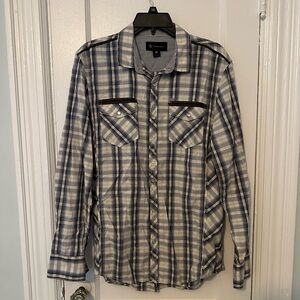 INC men’s plaid western snap button faux leather trim shirt size medium M